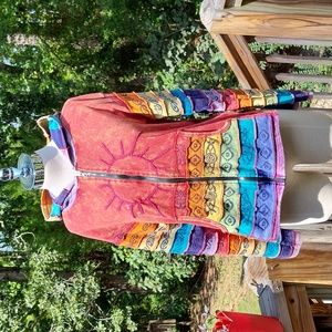 Ladies tie dye cotton zip hoodie, boho, layered stitching, multicolored, sz XL